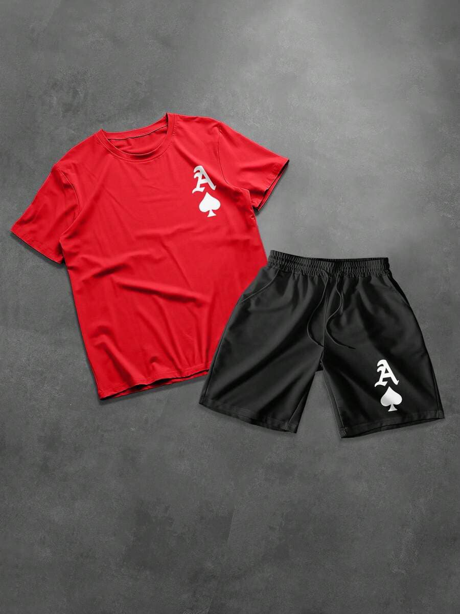 Men's Two-Piece T-Shirt Set: Ace Of Hearts & Letter Print — Trendy Dark Punk & Hip-Hop Style (Streetwear Essential)