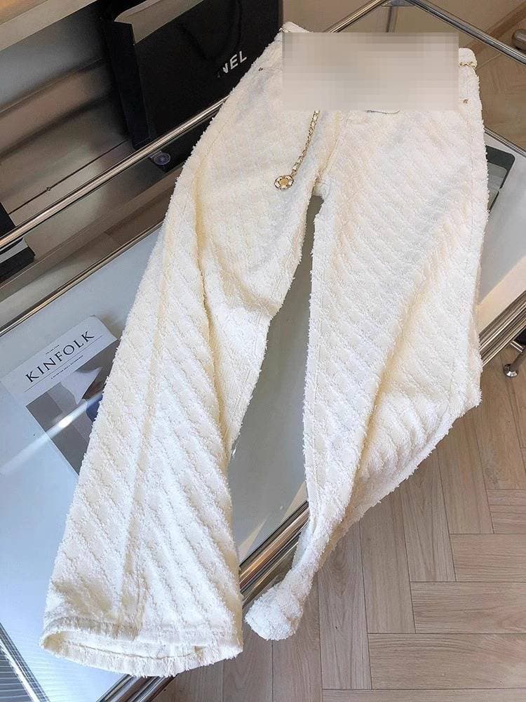 Textured White Straight Leg Denim Jeans Women's Autumn Drapey Loose Slimming Wide Leg Floor-Length Pants Luxury Sle High Waist