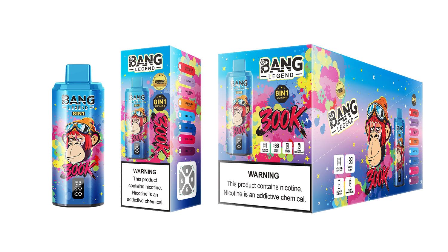 Bang Legend 300K 8 en 1 Vape jetable à huile de chicha, réservoir, 4 grands écrans numériques de comptage des bouffées, charge rapide USB-C, bat