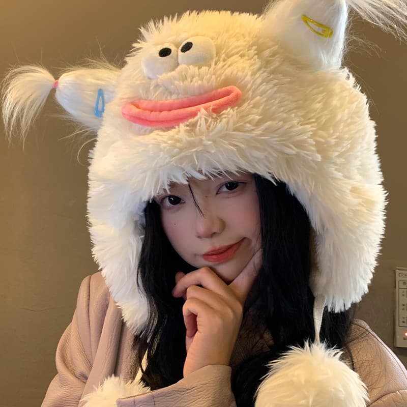 Little Monster Women's Funny Cute Knitted Plush in Autumn and Winter Showcase Small Face, Thickened Ear Protection