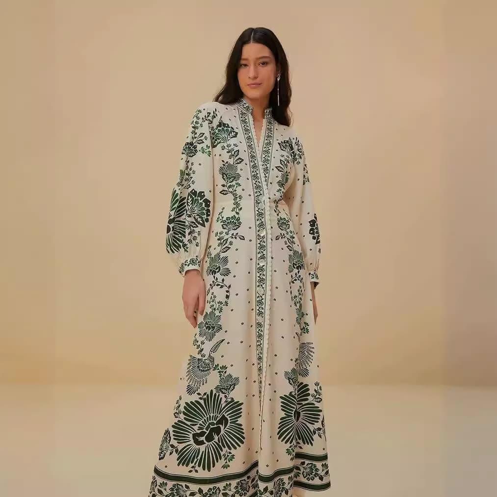 Women's Clothing hot selling printed loose single breasted V neck lantern sleeve holiday long dress