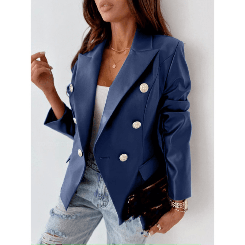 Women's Clothing new style long sleeved double breasted fashionable PU leather suit small jacket