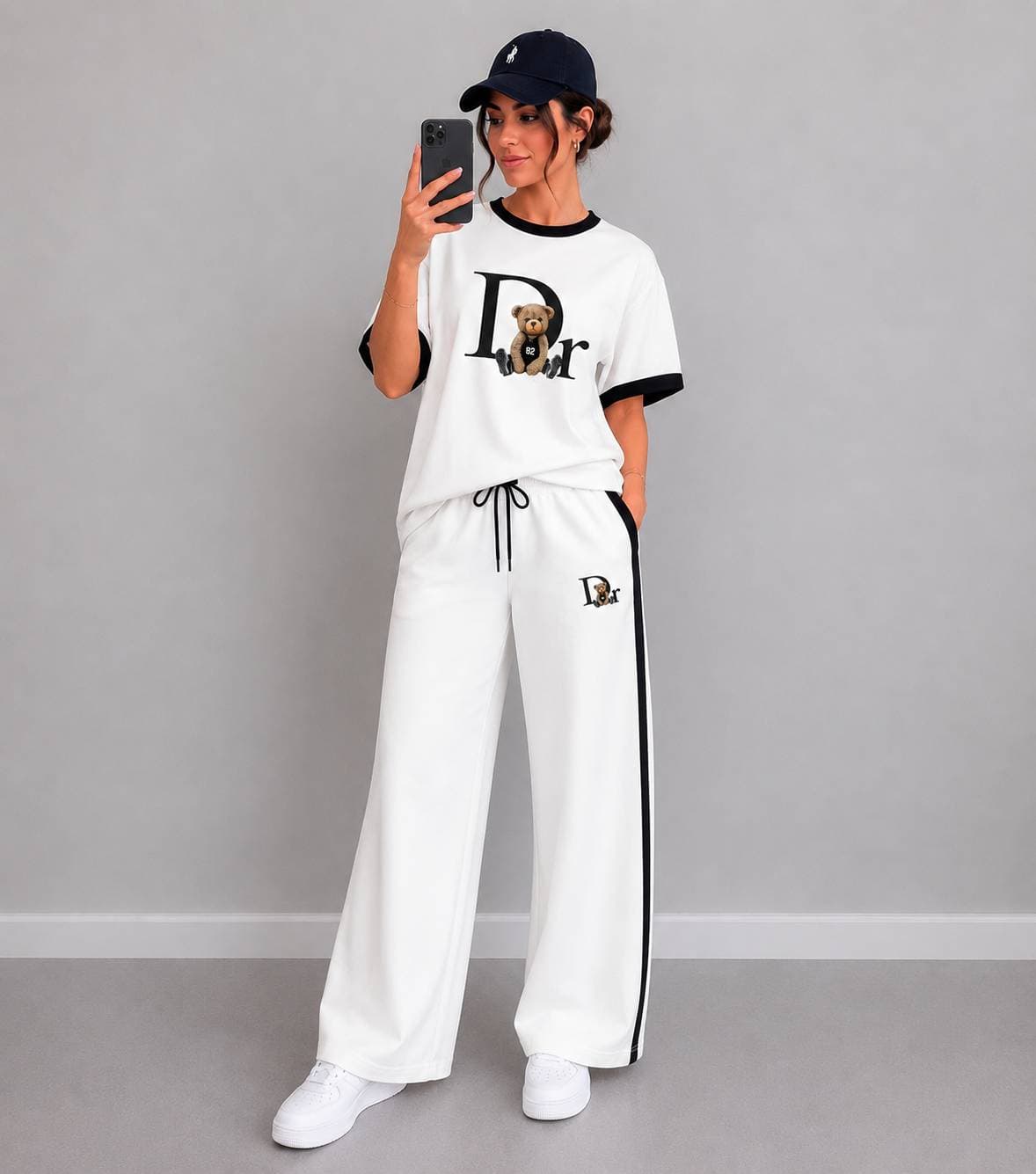 Women's Casual Sporty Two-Piece Set Short Sleeve Top Comfortable Pants Black White-112