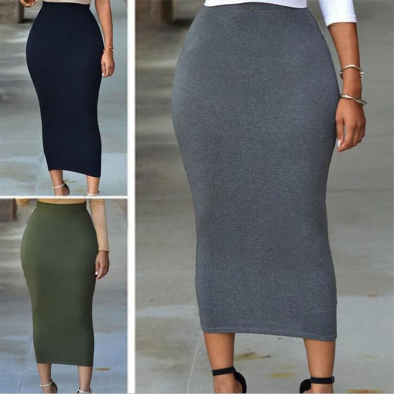 ​​"Elegant High-Waisted Knit Pencil Midi Skirt For Women - Stretchy Comfort Fit, Office & Casual Wear, Solid Colors (Black, Navy, Gray, Green)"​​