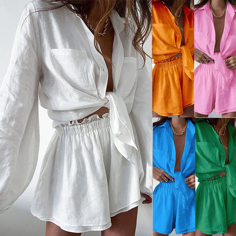 Women's casual solid color lace-up suit top shorts two-piece suit