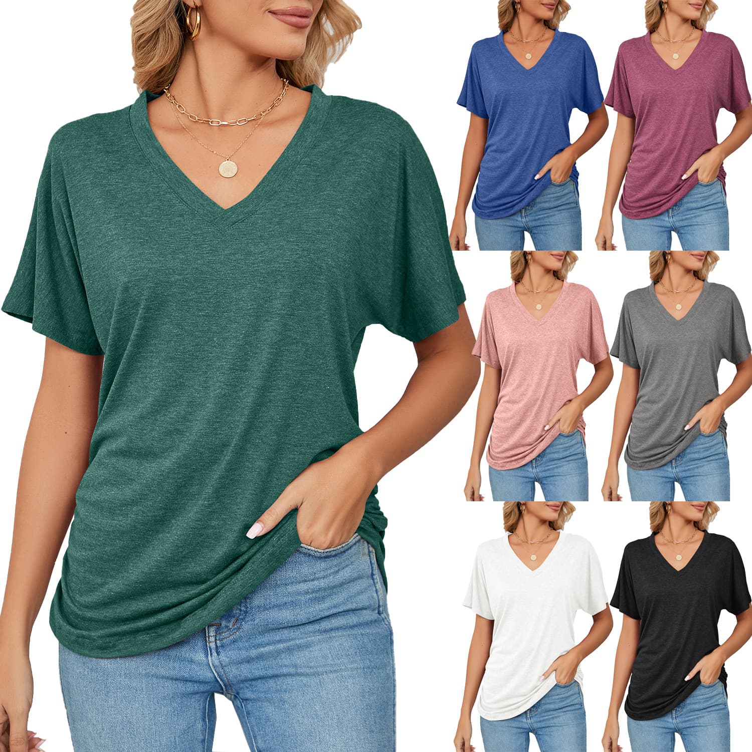 Women's Clothing Summer New Casual Pullover V Neck Solid Color Loose T Shirt Ladies Tops