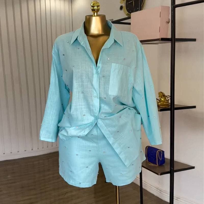 ​​Sweet Rhinestone Striped Blouse & Pleated Shorts Set – Elegant Women’S Outfit For Casual & Office Wear​​