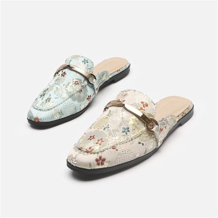 Women's Embroidered Open-Back Mule Slippers – Flat Summer Slide Shoes With Toe Cover (Lazy Chic Style)​