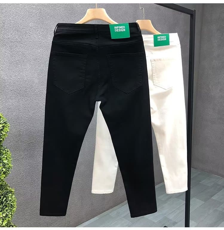 Men's Trendy Black Slim Fit Jeans Korean Style Cropped Casual Pants For Spring And Summer