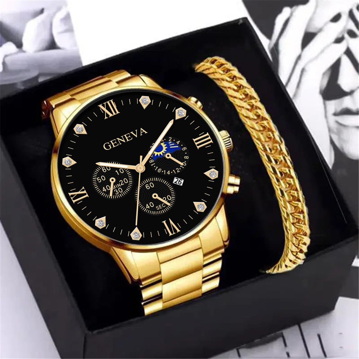 Unisex Accessories fashion business men's steel watch three eye calendar Roman scale quartz watch