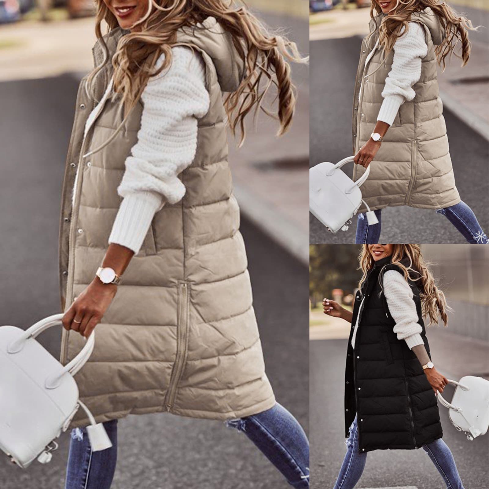 Women's Hooded Single-breasted Mid-length Vest And Cotton Jacket