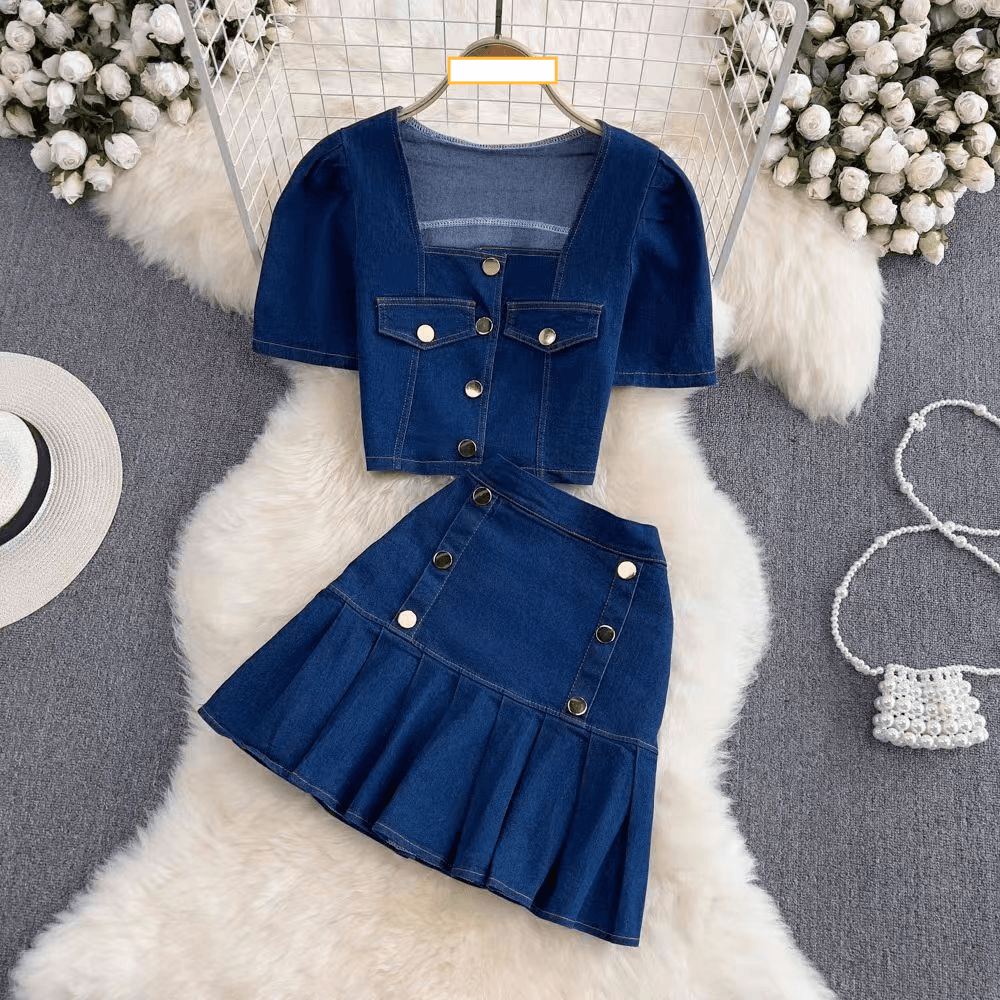 Women's Clothing Hot Girl Square Neck Bubble Short Sleeve Denim Shirt Two Piece Suit High Waist Pleated Skirt