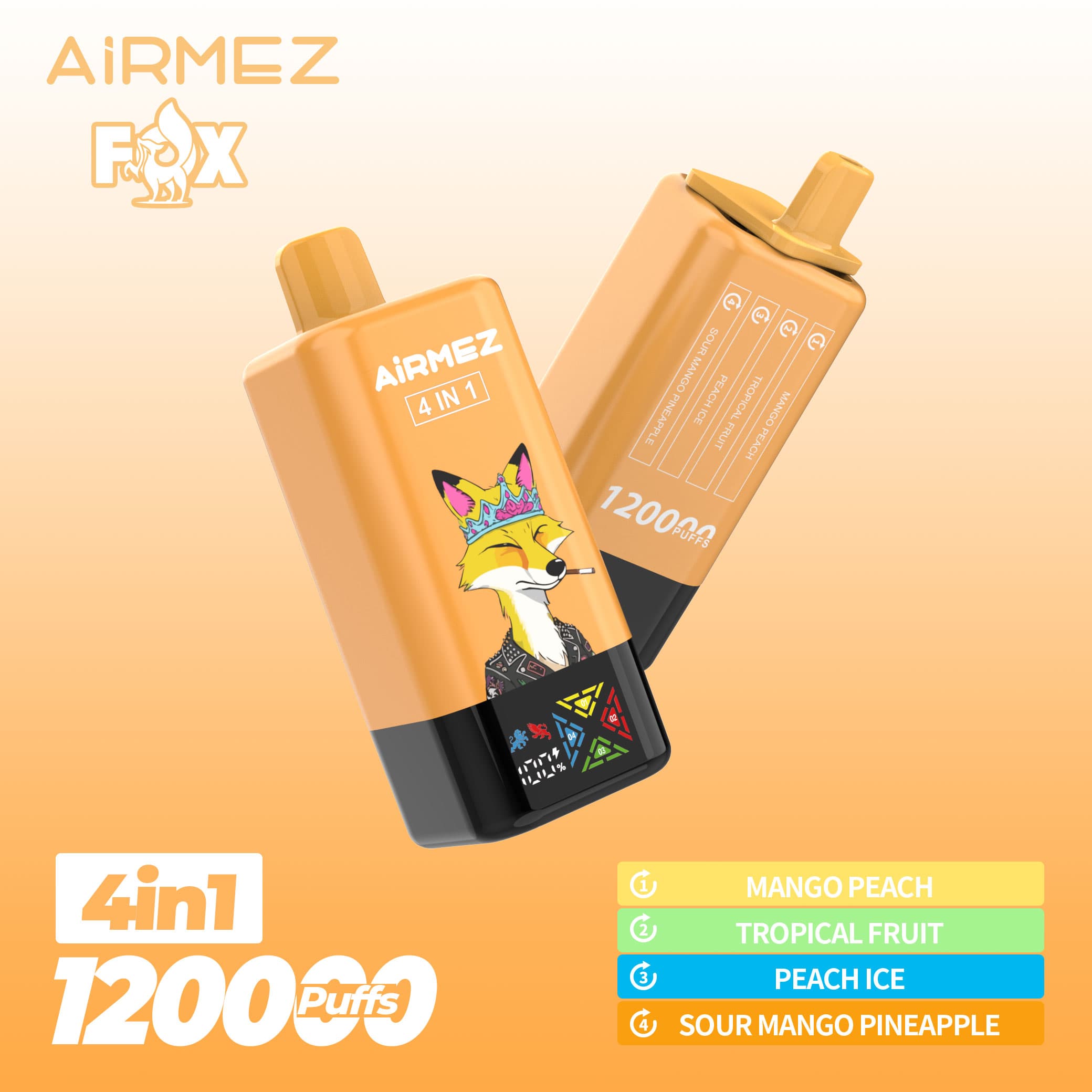 Airmez Fox 120K bouffées, 4 saveurs en 1, nouvelle cigarette électronique rechargeable originale avec écran LCD, jetable, entrepôt UE