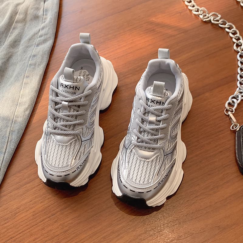Street blasting thick soled dad shoes for women 2024 new summer mesh breathable lightweight height increasing popular casual sports shoes