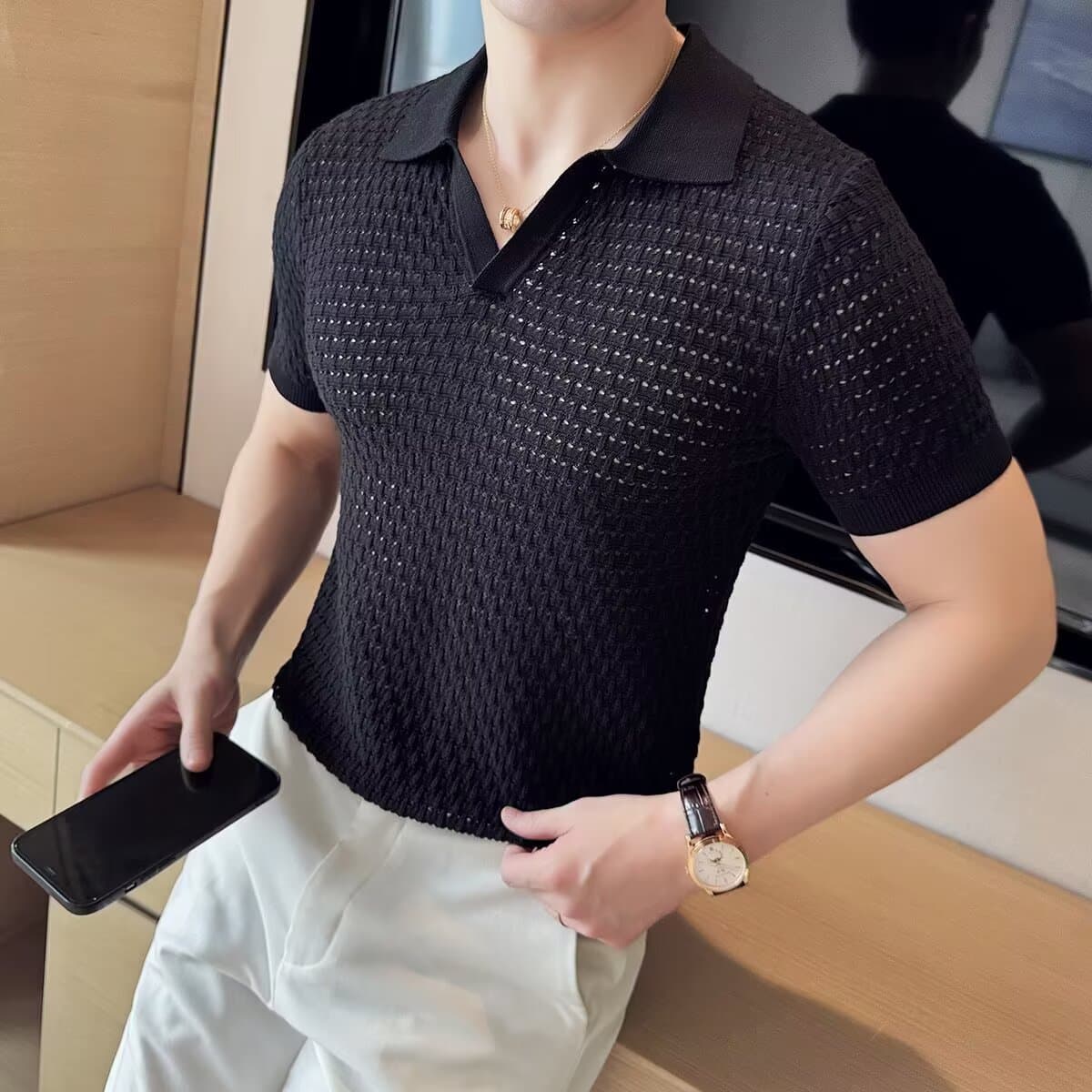 Men's Knitted Hollow V-Neck Polo Shirt - Summer Thin & Breathable | Slim Fit Lapel Design | High-End Fashion Knitwear​