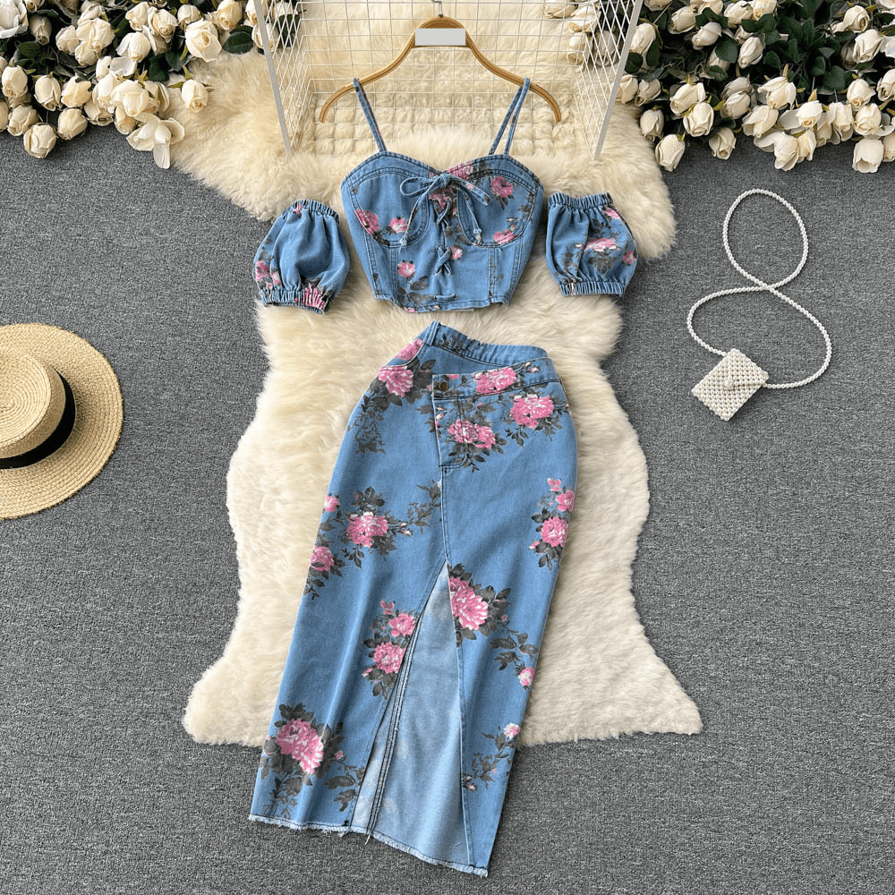 Women's Clothing retro chic suit for sweet girls off the shoulder camisole high waisted slit skirt two piece set