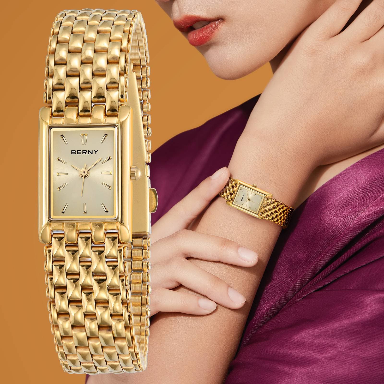 BERNY Small Gold Watches For Women, Dainty Luxury Stainless Steel Rectangular Bracelet Watch, Waterproof, Ladies Analog Quartz Wrist Watch Gifts