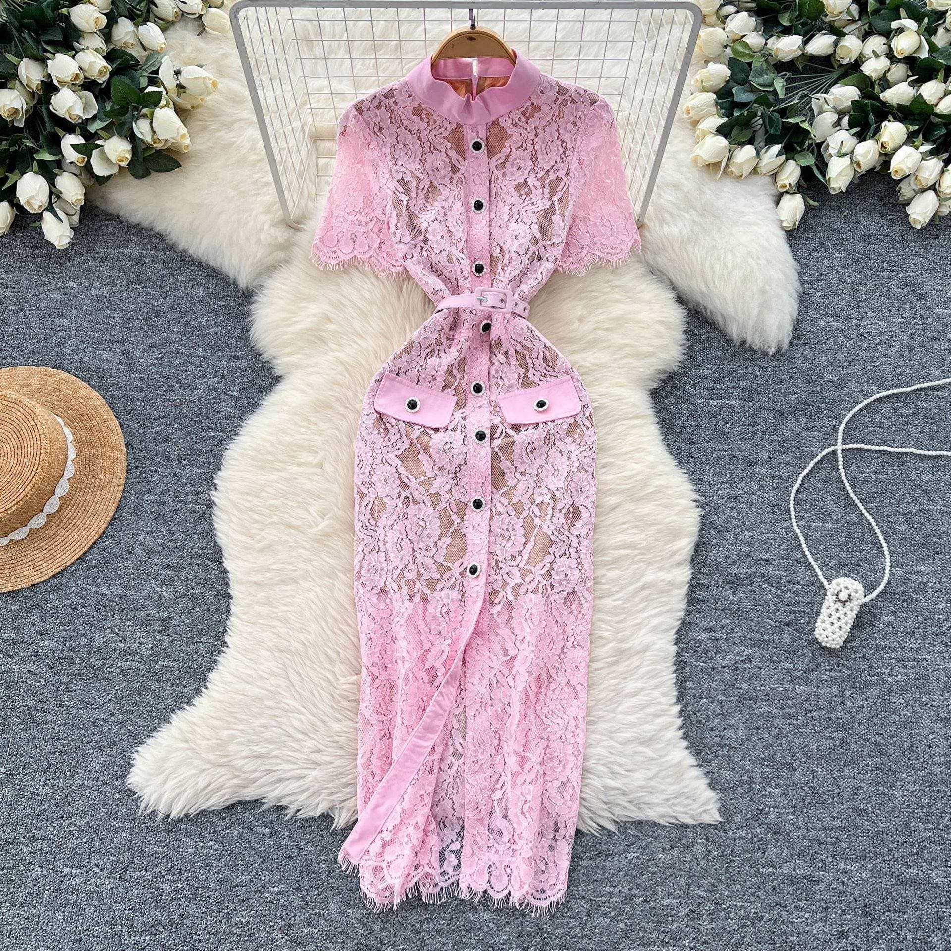 Women's Clothing Hollow Hook Lace Metal Buttoned Slim Short Sleeved Dress Female Celebrity Light Luxury Dress