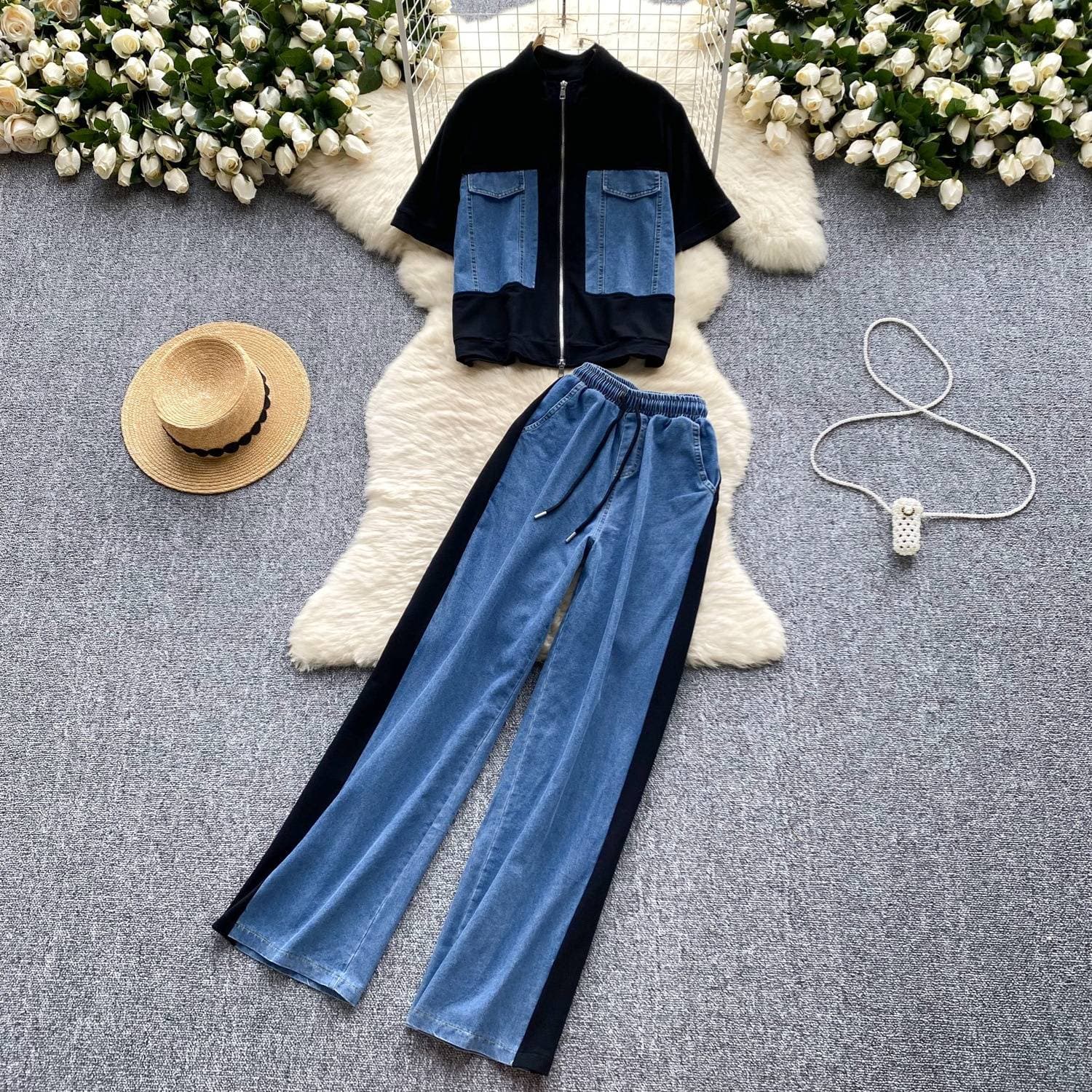 Women's Clothing denim patchwork irregular suit women's summer stand up collar zipper shirt + high waist slim wide leg trousers