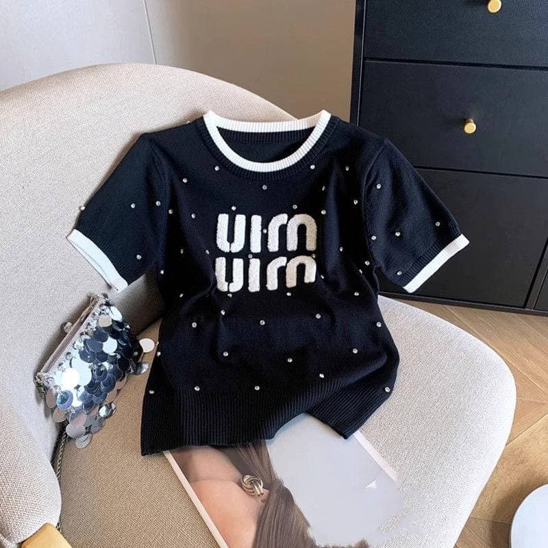 Pull en tricot à manches courtes pour femme avec motif diamant