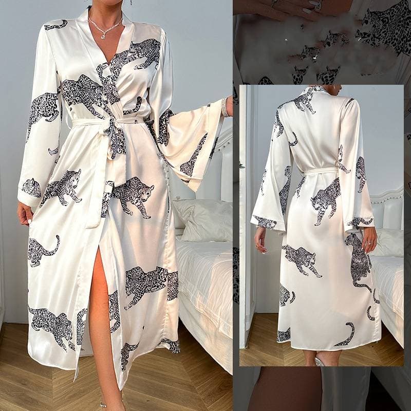 Underwear Women's Long Satin Bathrobe Nightgown Long Sleeved Tie Sexy Home Clothes