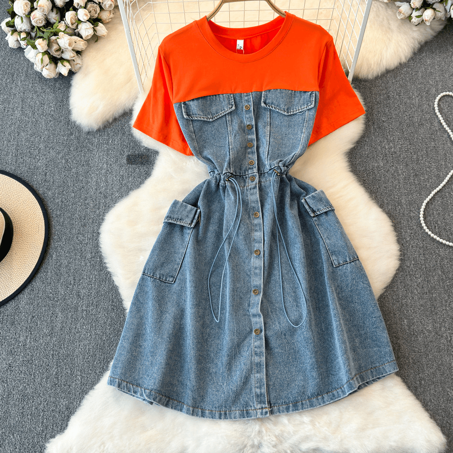 Women's Clothing Fashion Two Piece Short Sleeved Round Neck Patchwork Waist Slimming Medium Length A Line Denim Dress
