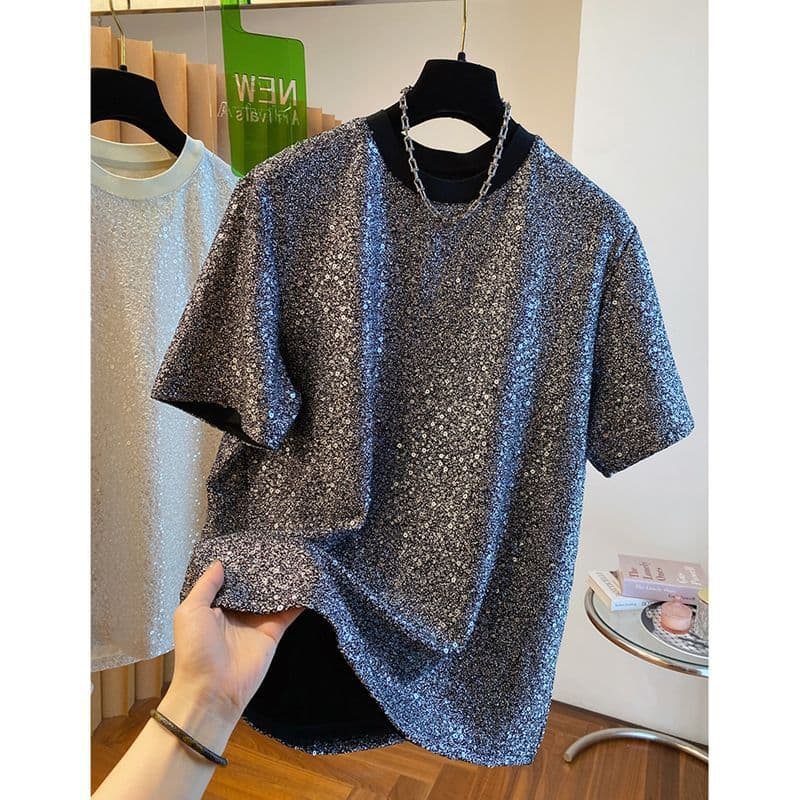 Men's Clothing Elastic Casual Men's Half Sleeved Clothes Trendy Brand Summer Design High End Sequined Short Sleeved T Shirt Casual Thin T Shirt