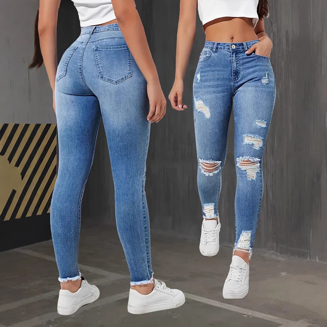 Women's Stretch Ripped Skinny Jeans - High Waist Slim Fit Denim Pants With Comfortable Elasticity For Casual & Streetwear