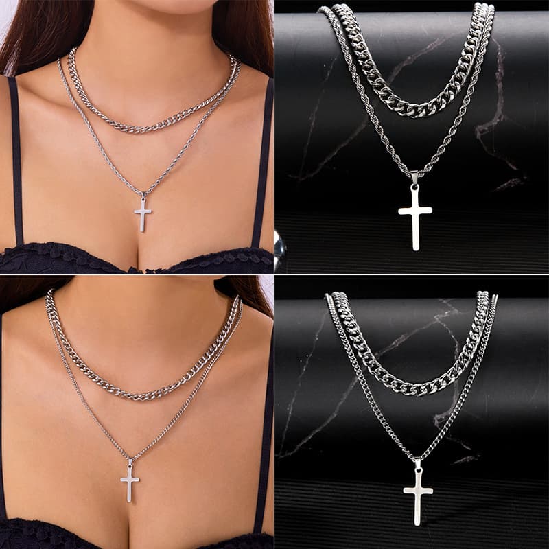 Old School Necklace Stainless Double Layer Cross For Men Trendy Korean Style Fashionable European And American Personality Titanium Steel