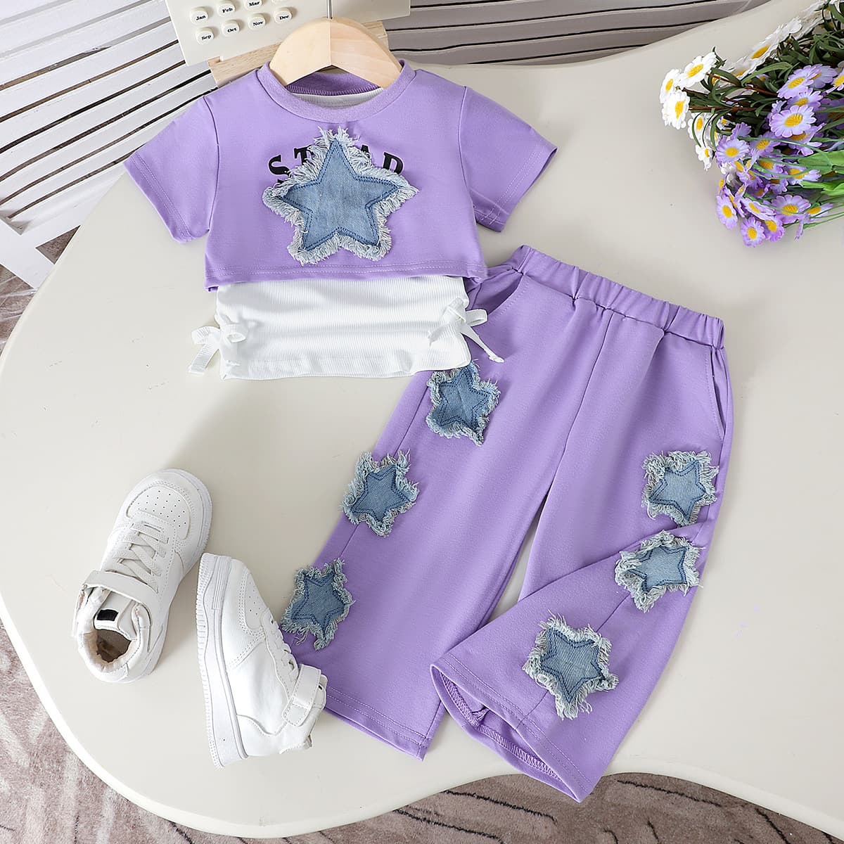 Mother & Kids Short Sleeved Shirt Stylish Purple Star-Printed Baby Girl Outfit Set - Short Sleeve Top + Vest + Pants - Soft Cotton Comfort For 6M-3Y