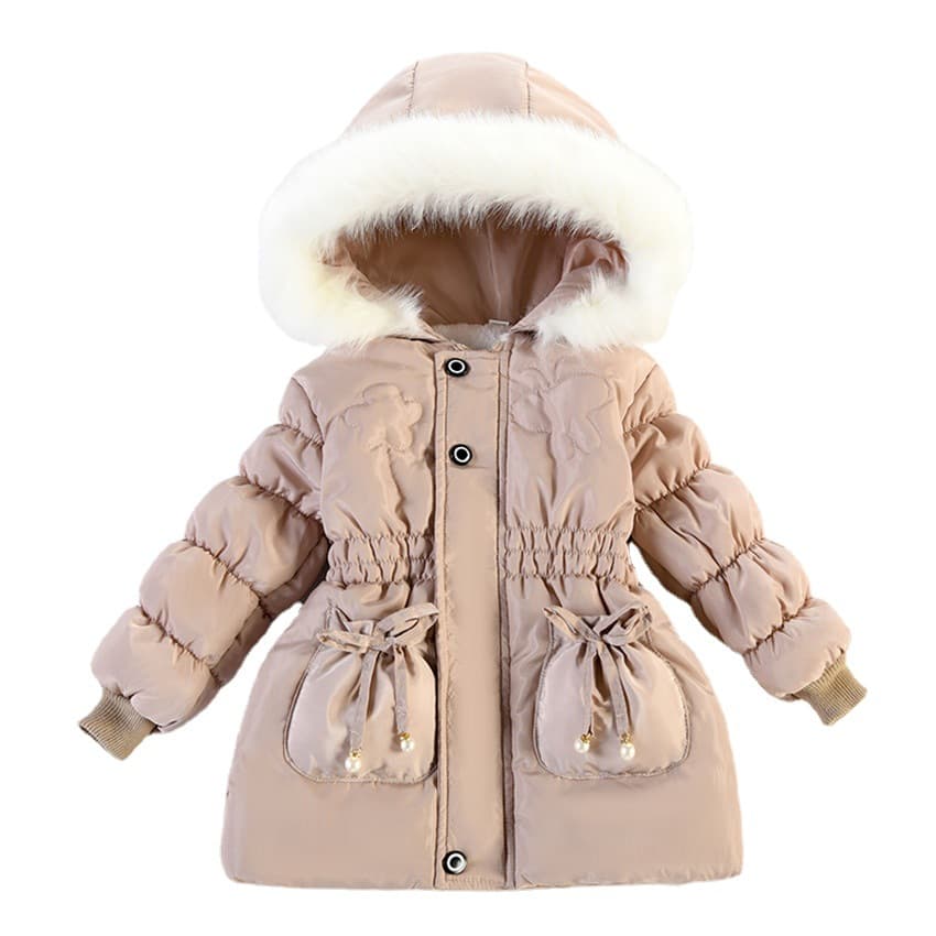 kid's clothing Winter girls solid color cotton-padded coat with waist, hooded, long-sleeved coat