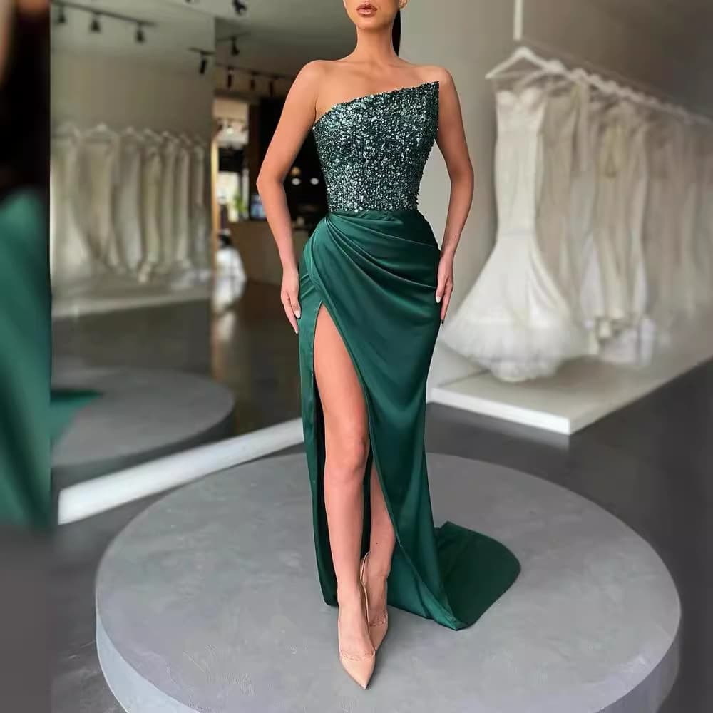 New Style Green Sequin Fairy Long Sleeveless Fashion One Piece Temperament Length Evening Dress