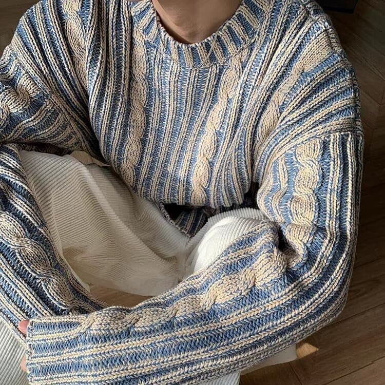 Men's Clothing cleanfit boys' sweater autumn and winter wear retro contrast color round neck casual sweater for men