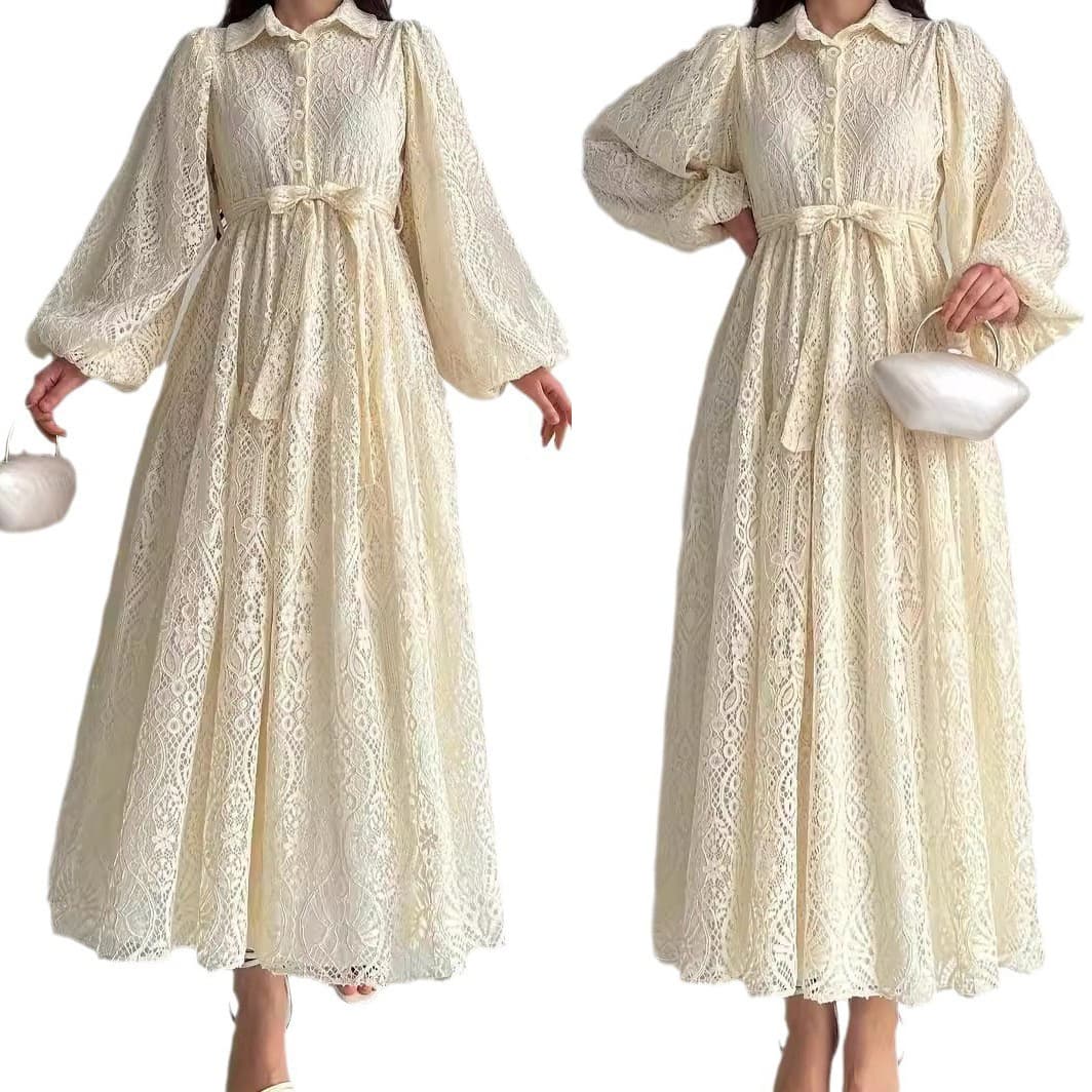 Women's Clothing Middle Eastern Muslim New Hot Style Lace Lapel Robe Fashionable And Elegant Dress