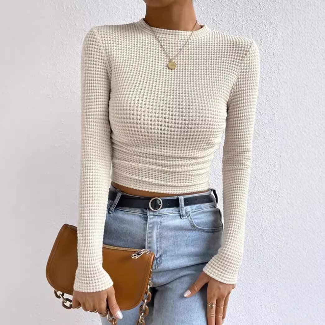 Autumn Women's Solid Knit Pleated Side Long Sleeve T-Shirt Long Sleeves Solid Slim Tees All Match Basic Tops Undershirt