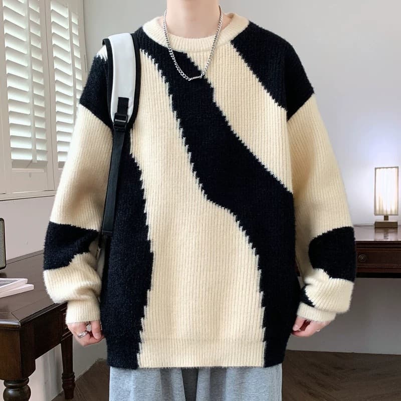 Men's Color Block Sweater - Oversized Geometric Knit Pullover With Drop Shoulder, Trendy Streetwear Crewneck Jumper For Teens & Young Adults​