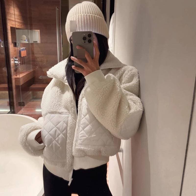Women's Clothing ​​Faux Shearling Cropped Jacket For Women - Stand Collar Zip-Up Coat With 3D Embossed Detail​​