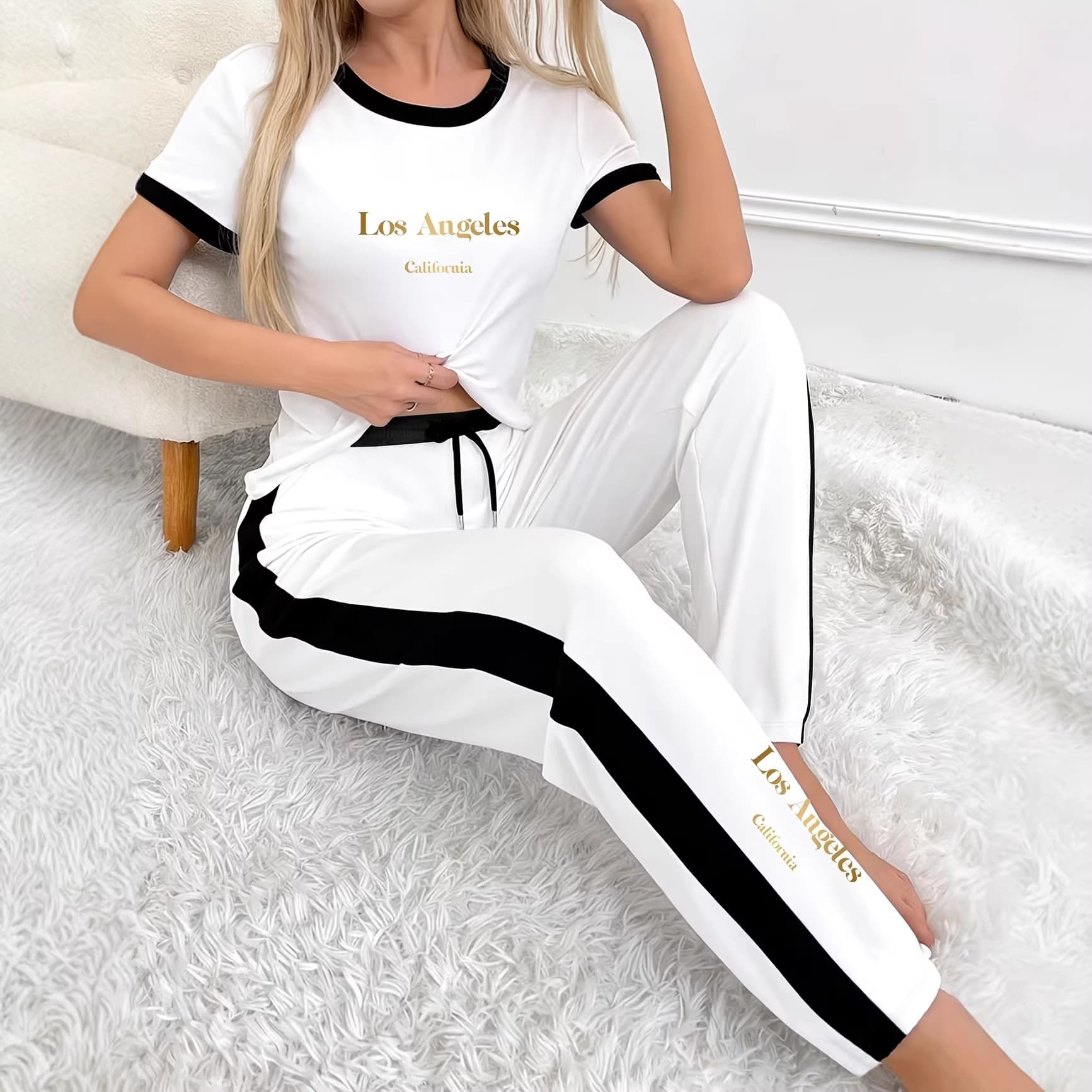 Summer Fashion Gold Letter Print Top And Drawstring Pants Casual Set Short Sleeve Spring/Autumn Wear