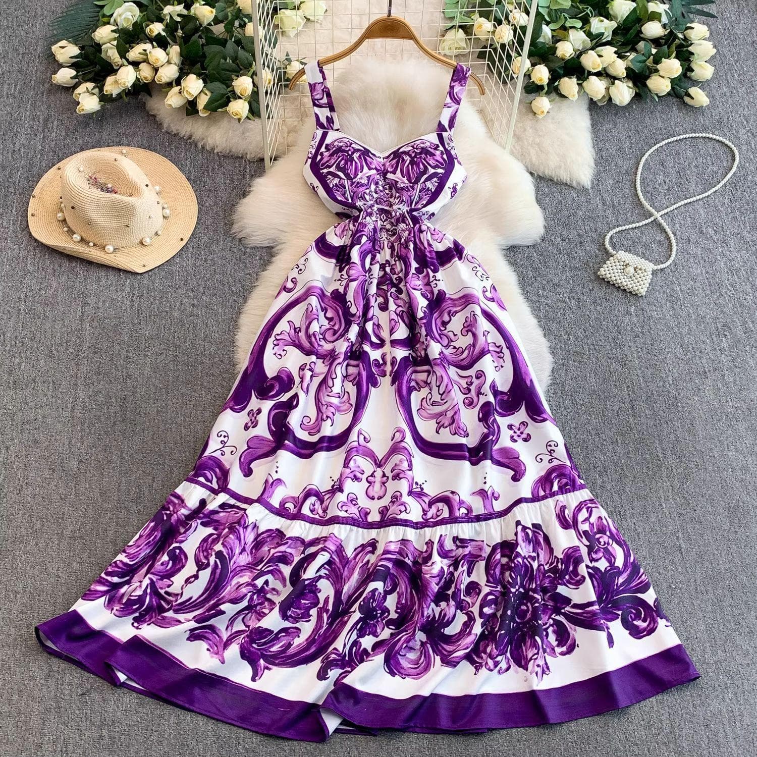 Blue And White Porcelain Print Strapless Suspender Dress V Neck European American Style with Bra Pads Slimming Waist Ruffled Hem