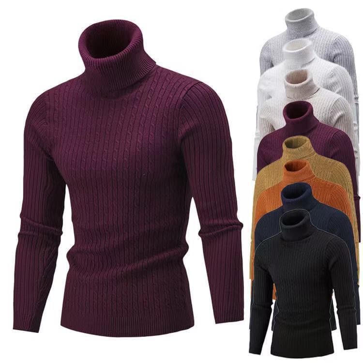 Men's Clothing Knitted Bottoming Shirt Slim Fit Solid Color Slim Fit High Neck Cable Knit Sweater - Solid Color Pullover For Casual & Office Wear​