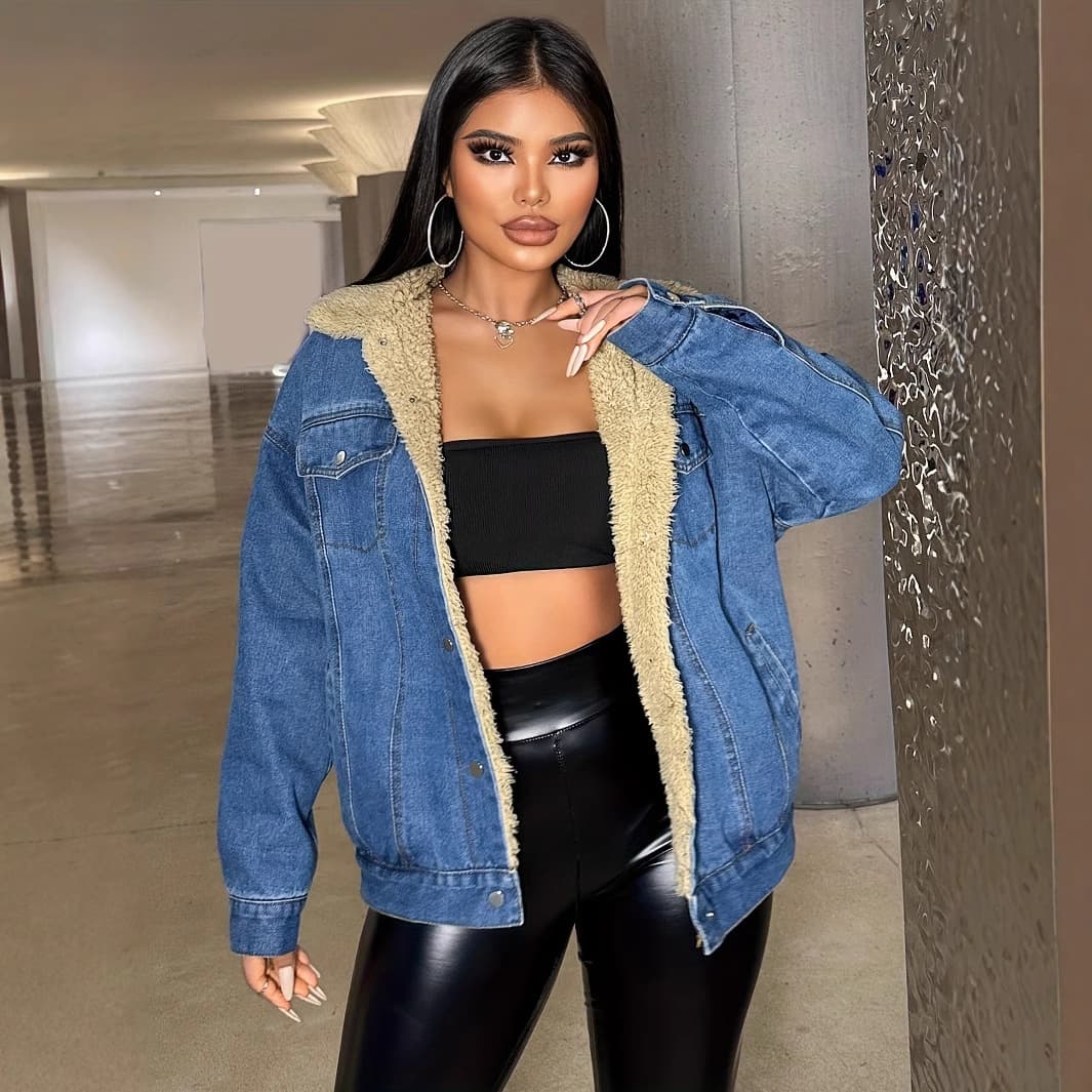 Trendy Oversized Denim Jacket With Fleece Lining - Streetwear Fashion For Women