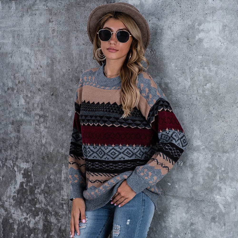 Women's sweater lozenge jumper lazy style loose sweater
