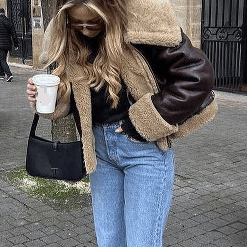 Winter new fashion Maillard style fur motorcycle jacket jacket