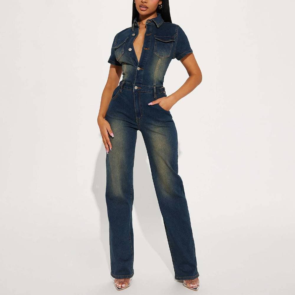 Tight Waist Slim Elastic Washed Denim Jumpsuit Straight Loose Jumpsuit