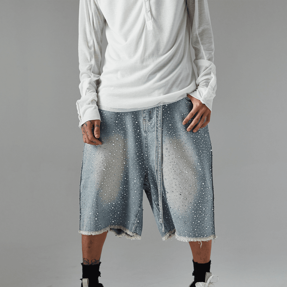 Men's Clothing High Street Retro Washed Raw Edge Denim Shorts Personality Hot Diamond Shorts Wide Leg