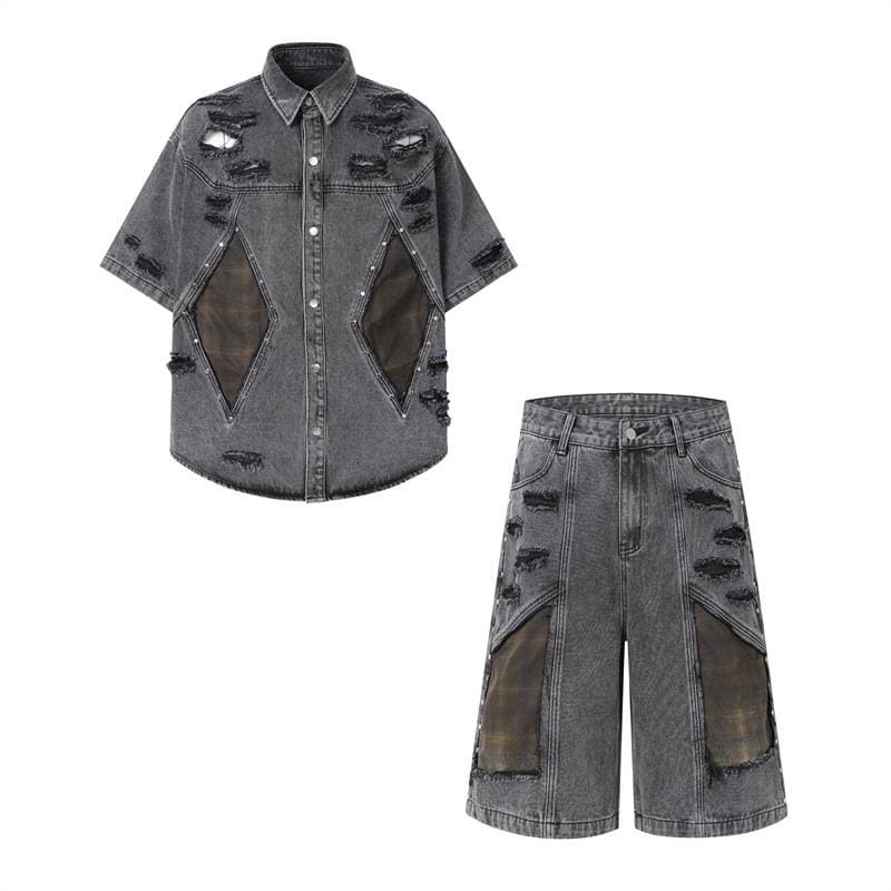 Men's Clothing Retro Distressed Dirty Ripped Deconstructed Shoulder Pad Denim Suit For Men And Women Street Trend Jeans