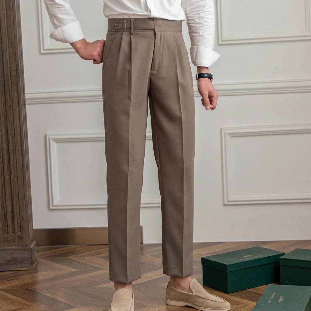 Men's Napoli Style Trousers - British Mid-High Waist Straight Leg 9-Point Pants Anti-Wrinkle Office Casual (Charcoal/Beige/Navy)