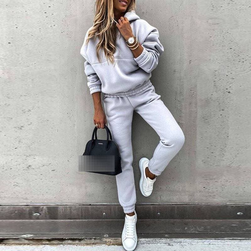 Ensemble pull à capuche et pantalon décontractés pour femme – Tenue de détente unie automne/hiver (gris/noir/kaki, S-XXXL)