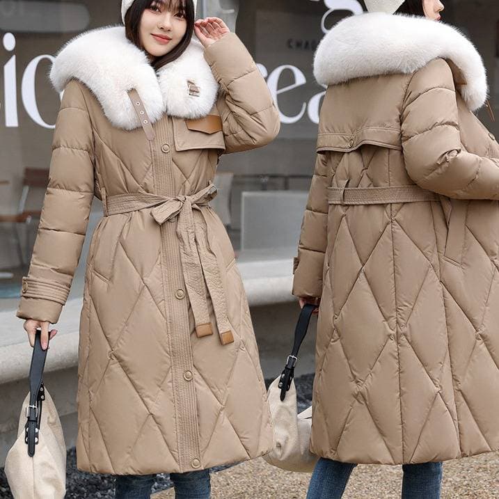 ​​Korean-Style Oversized Knee-Length Cotton Coat – Winter Plush Jacket With Luxe Fur Collar (Khaki/Black/White/Brown)​​