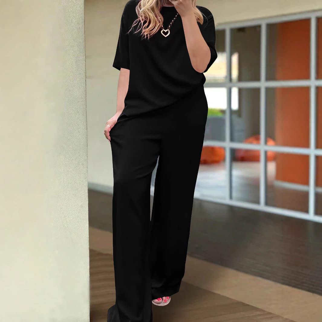 Ensemble d'été décontracté pour femme : pantalon uni, haut à manches courtes et col rond, taille élastiquée et poche.